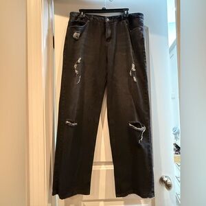 Women's Black Distressed Straight Leg Jeans